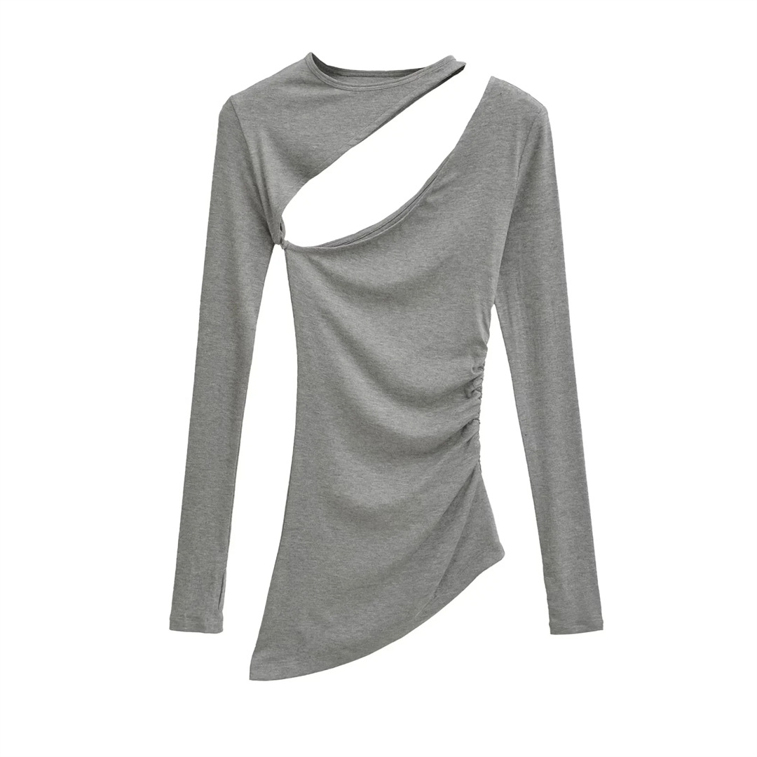 Irregular Collar Slim Removable Strap Full Arm Top