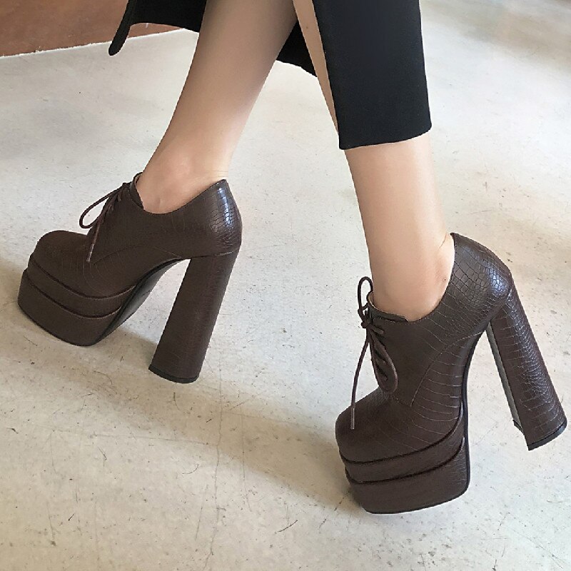 Women Pumps Brand Fashion New Square Toe Platform Thick High Heels Lace-Up Shoes Party Office Ladies