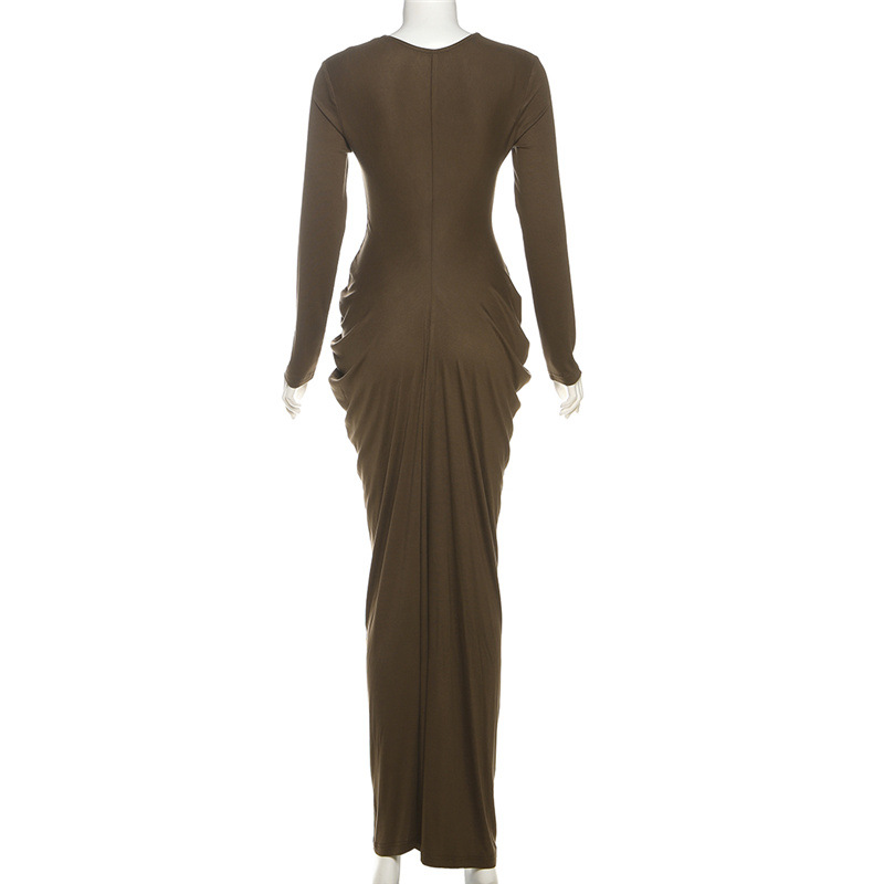 Crinkled Plunging Fitted Plain Full-Sleeve Maxi Dress