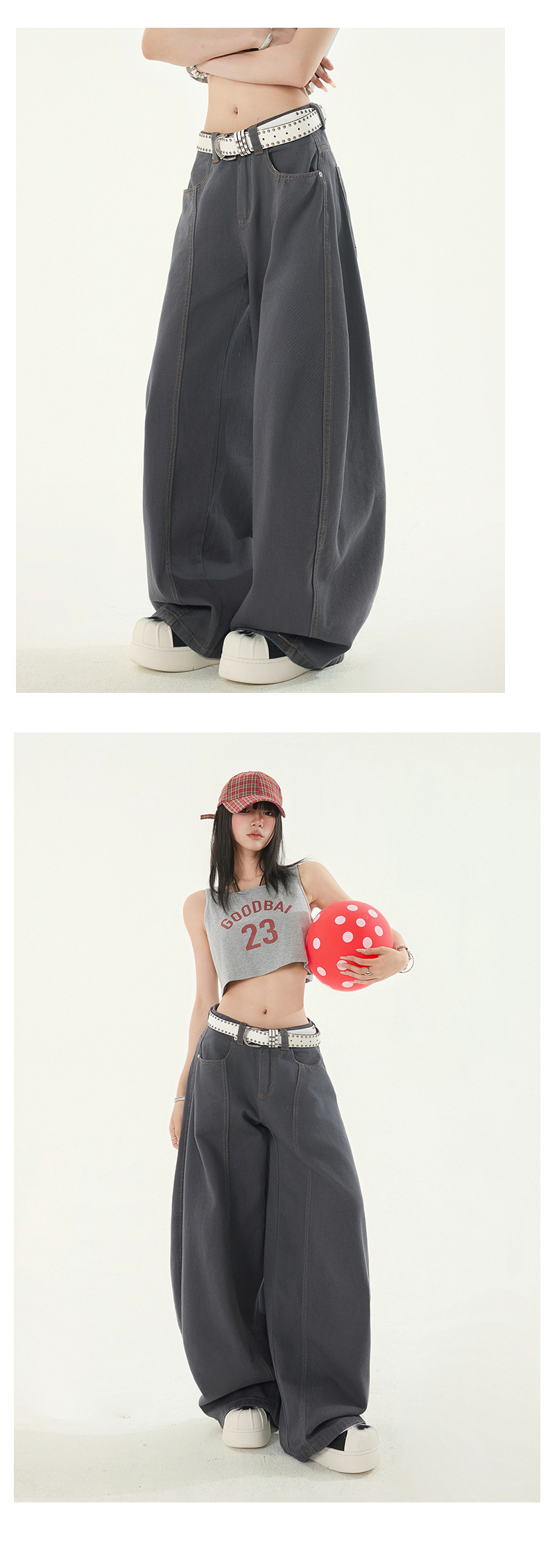 Wide-Leg Flared Denim Pants for Women Deep Gray Retro Pleated Loose Wide-Leg Casual Long Pants Summer