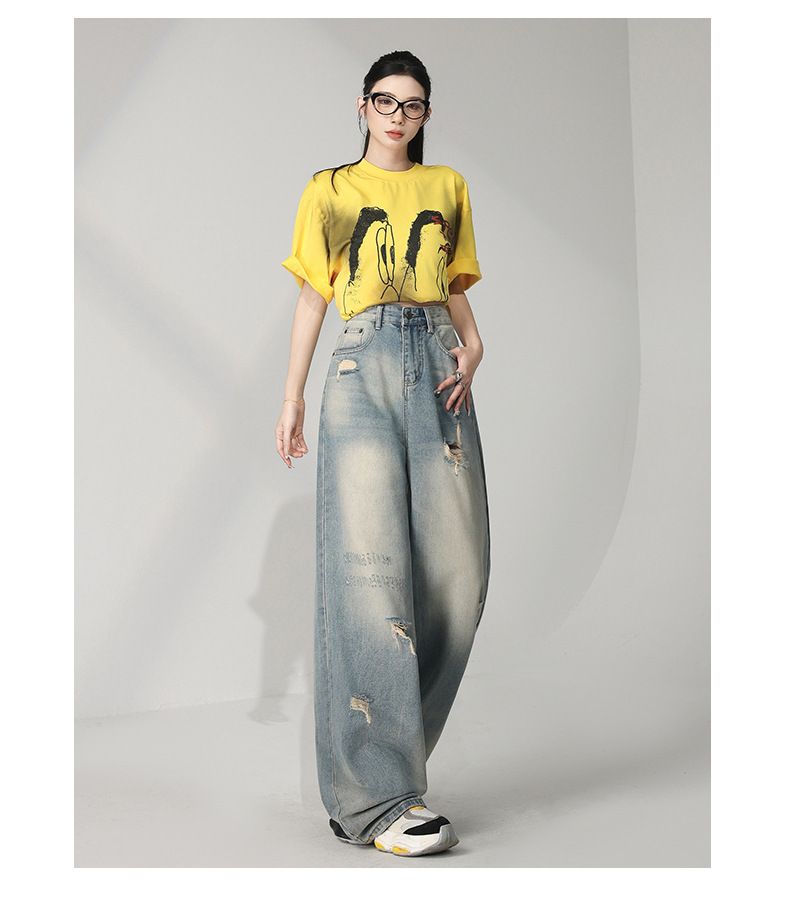 Retro Distressed Washed Ripped Jeans Women Loose High Waist Slim Wide Leg Floor-Length Pants