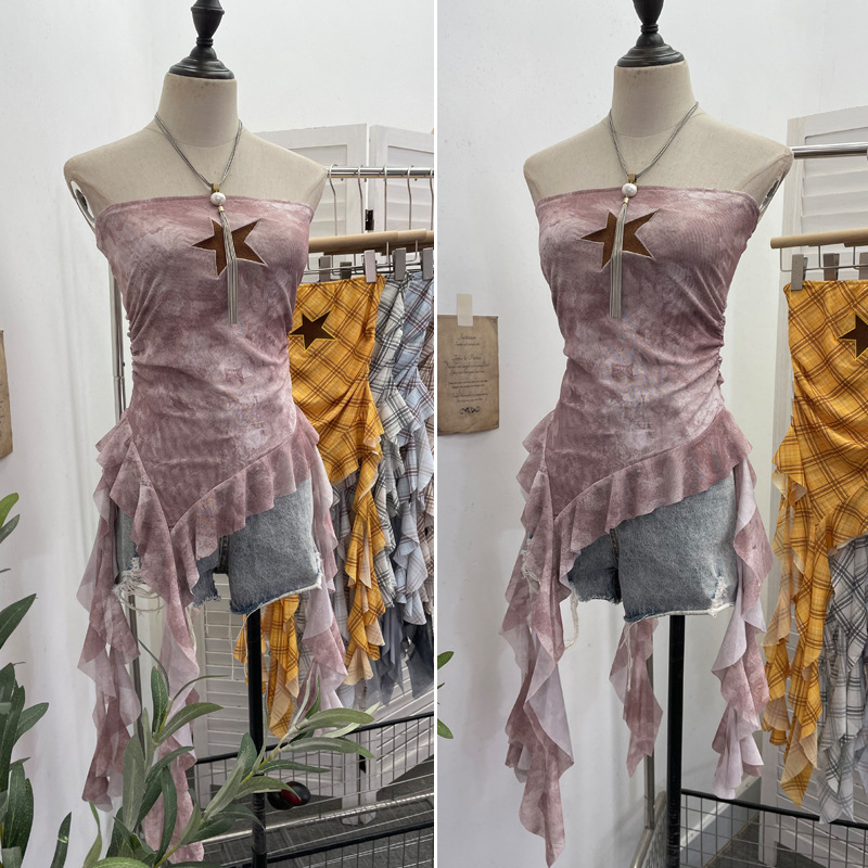 Sultry Asymmetric Plaid Mesh Strapless Top