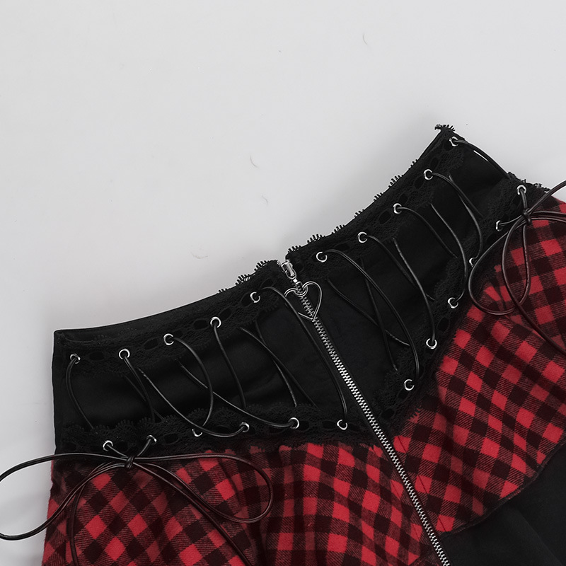 Ladies Sexy Striped Plaid Paneled Skirt