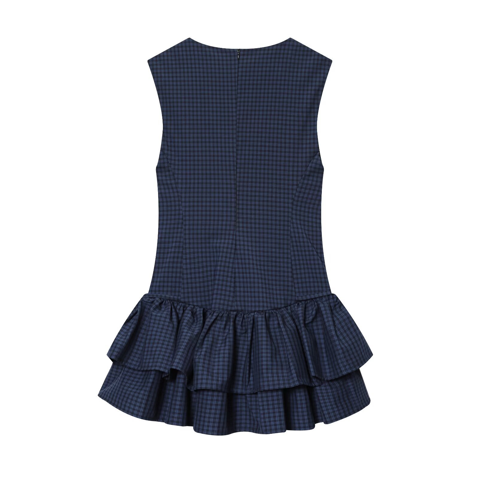Sleeveless Half High Neckline Gingham Polyester Dress