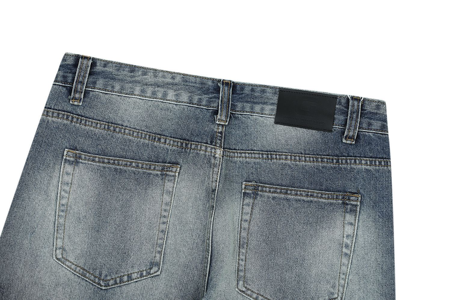 Vintage Street Style Unisex Relaxed Fit Cat-Whisker Pattern Washed Blue Flared Denim Jeans for Men