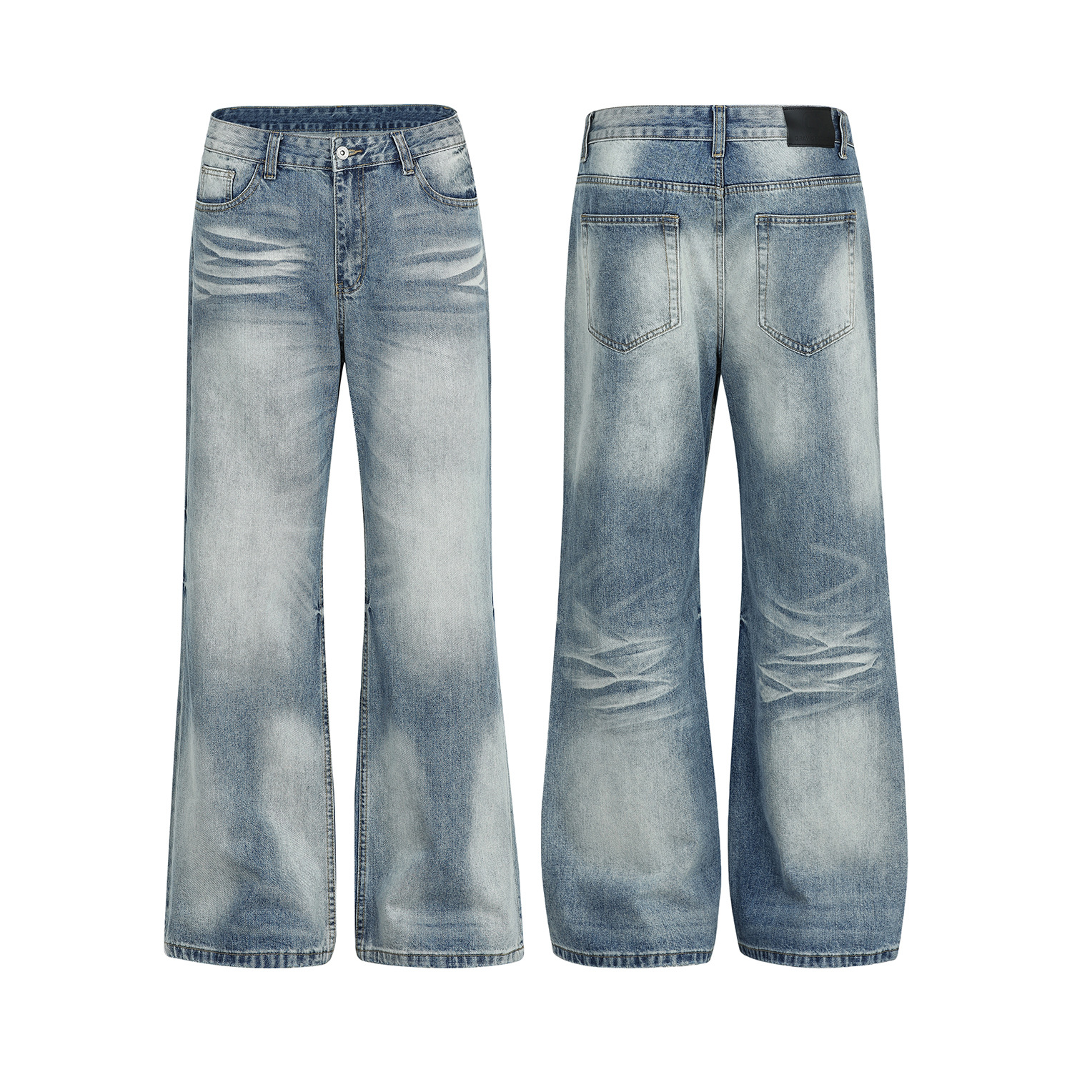 Vintage Street Cat-Whisker Pattern Loose Fit Men's Washed Blue Flared Jeans