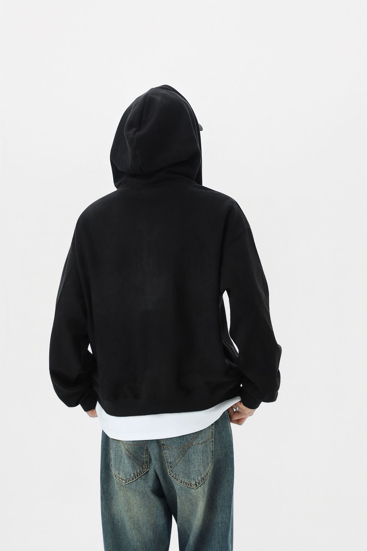Streetwear Brushed Boxy Retro Geometric Hood Zipper Sweatshirt