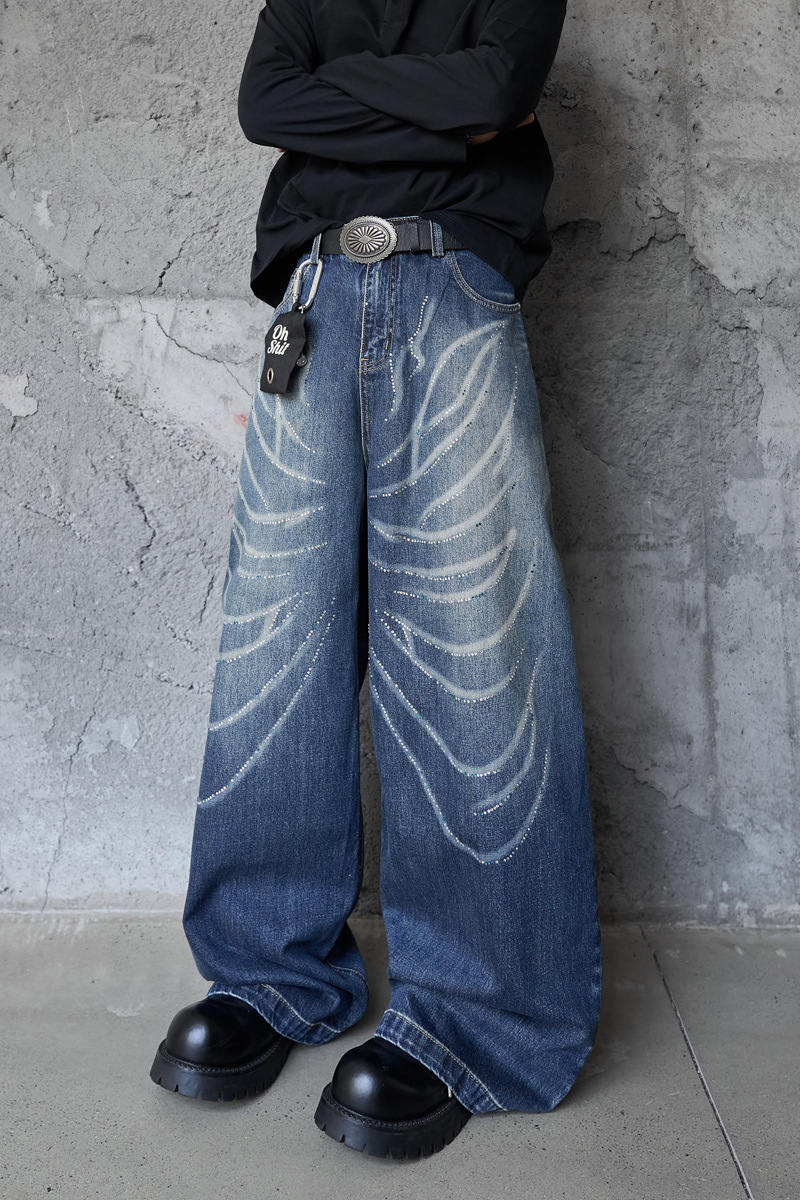 Style Butterfly Cat Whisker Laser-Printed Denim Pants with Unique Design, Wide Leg, Loose Fit, Straight Cut, Oversized Jeans
