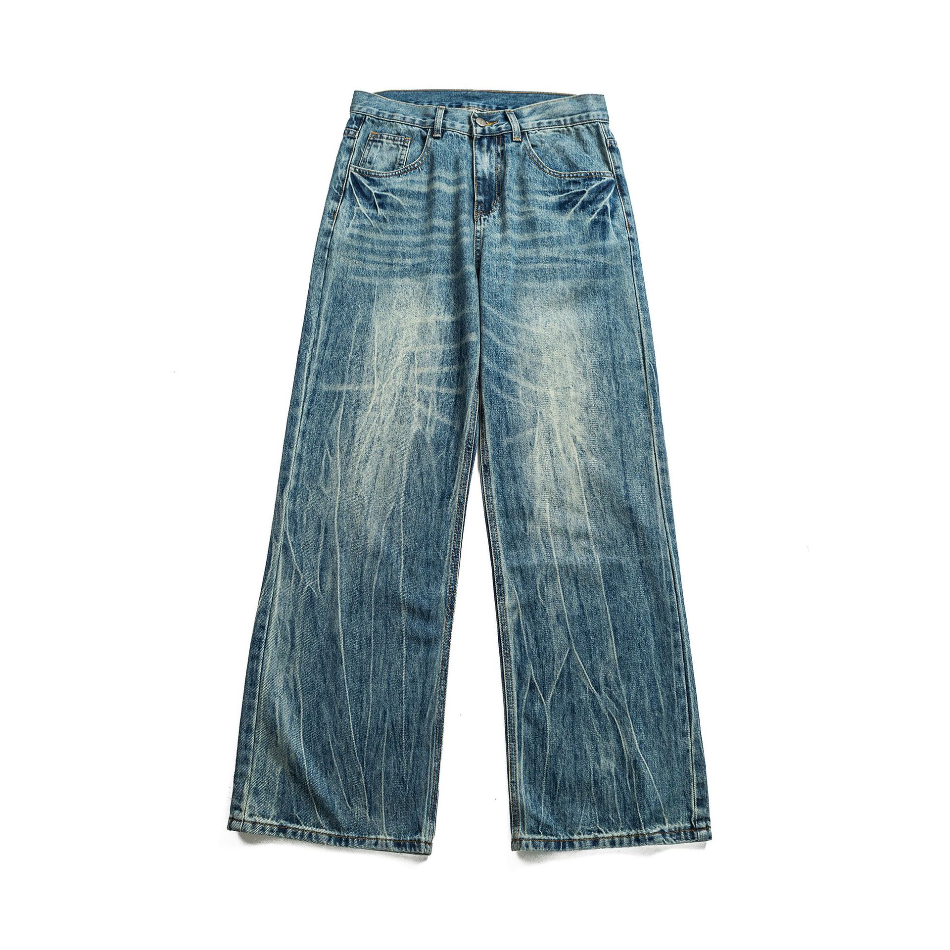 Lightning Crack Pattern Distressed Washed Denim High Waist Zipper Jeans