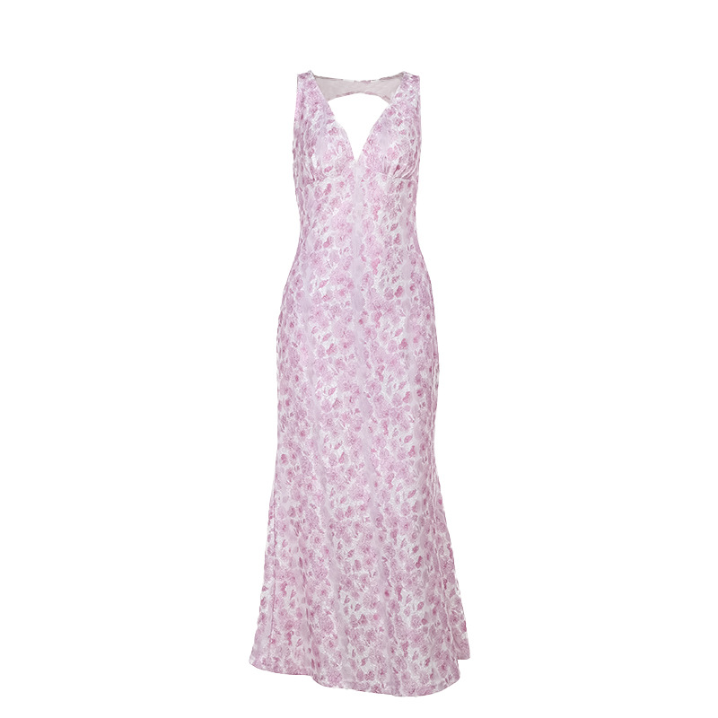 Sleeveless Floral Textured Pointed Neckline Dress