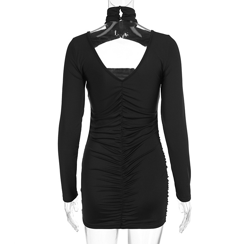 Cross hanging neck hollowed out backless long sleeved short dress