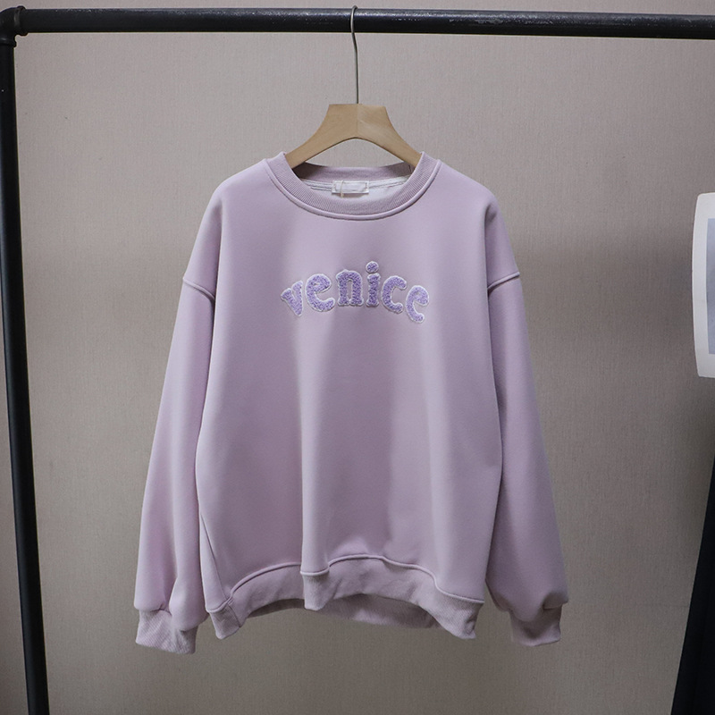 Letter Towel Embroidery Fleece Lined Thick Loose Casual Hoodie for Women