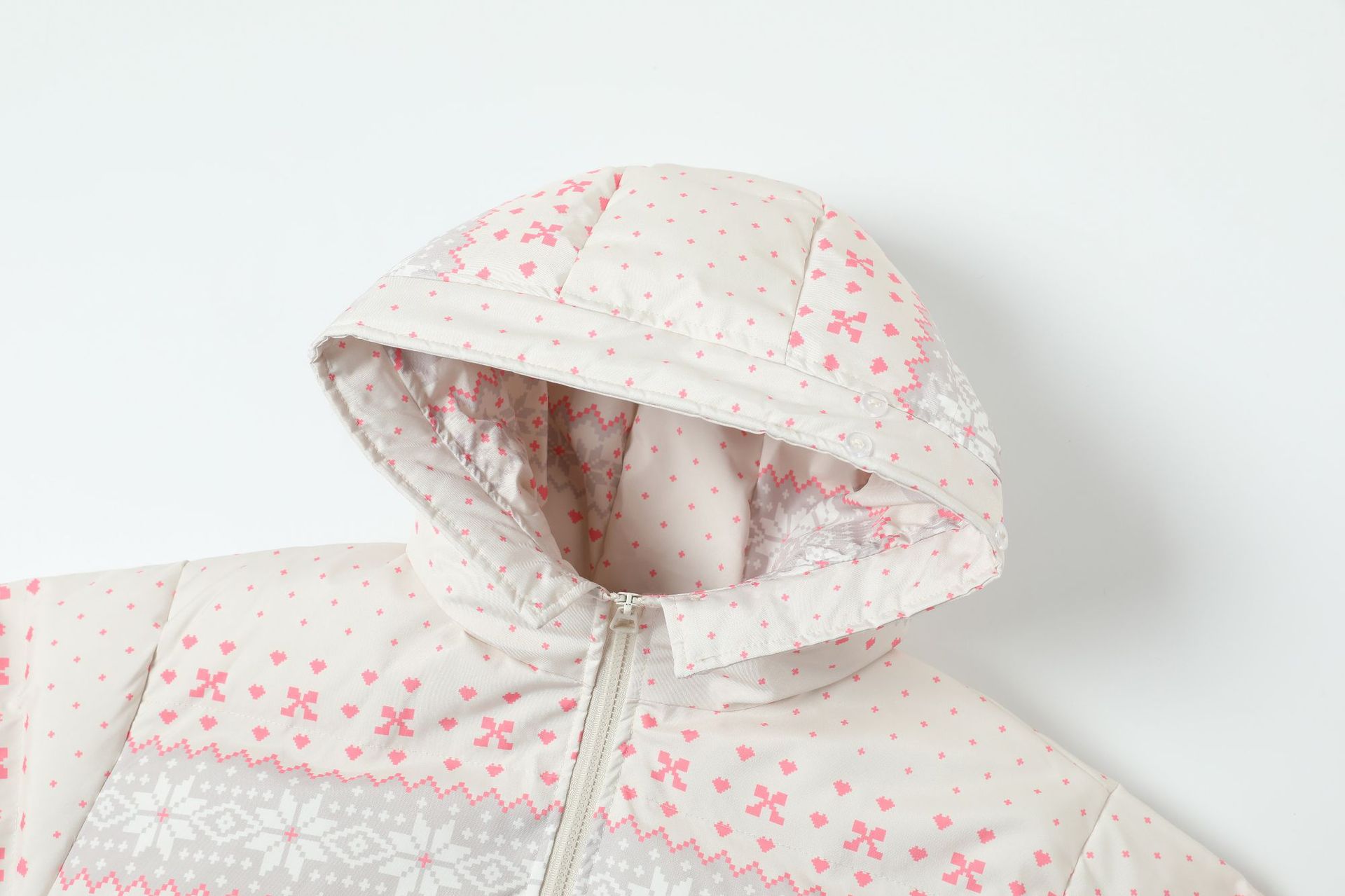 Hooded Fair Isle Detachable Fur Collar Cotton Coat Warm Outerwear