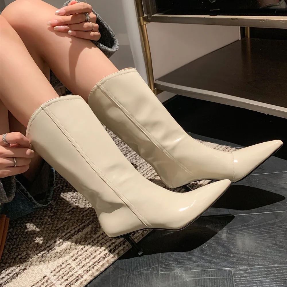 Fashion Western Women Mid-Calf Boots Pointed Toe Thin High Heels Office Lady Shoes Woman Genuine Leather Autumn Winter