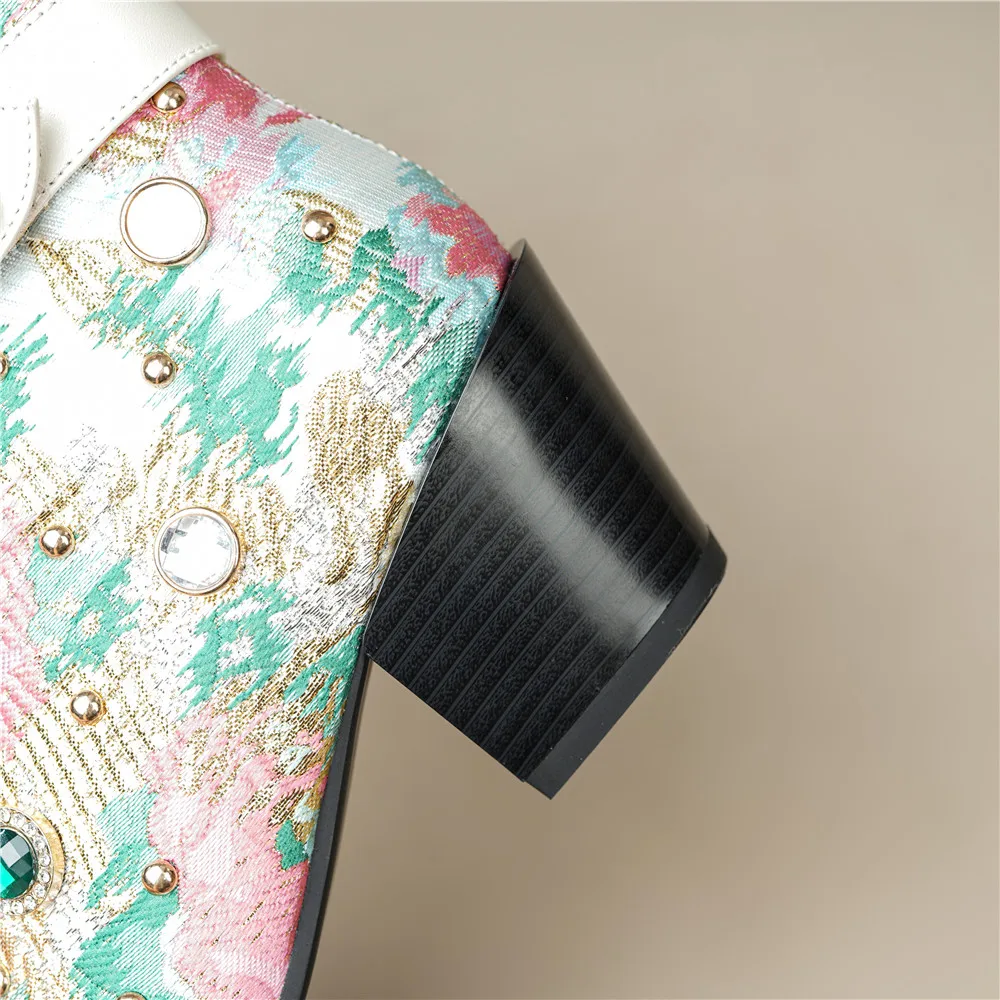 New Arrival Ethnographic Style Women Cow Leather Mid Calf Boots Pointed Toe Thick Heels Crystal