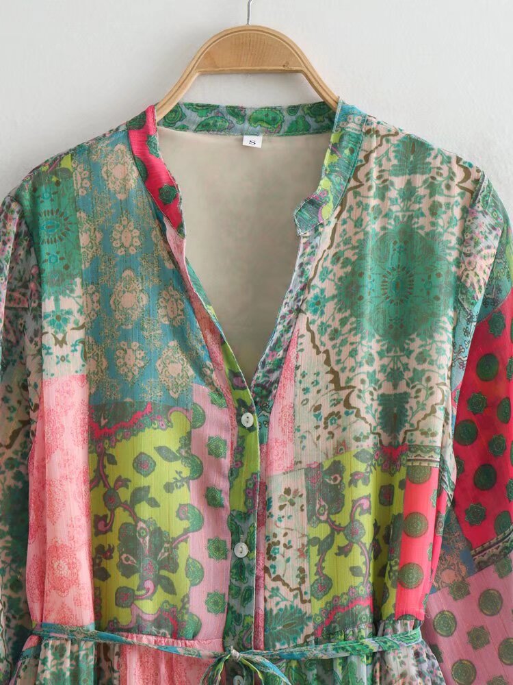 Women's Clothing V-neck Long-sleeved Printed Dress