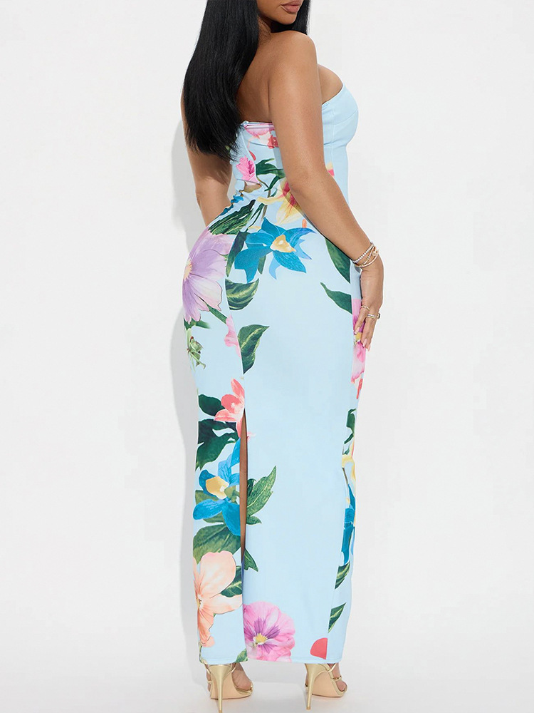 Sleeveless Curve-Hugging Patterned Side Split Maxi Dress