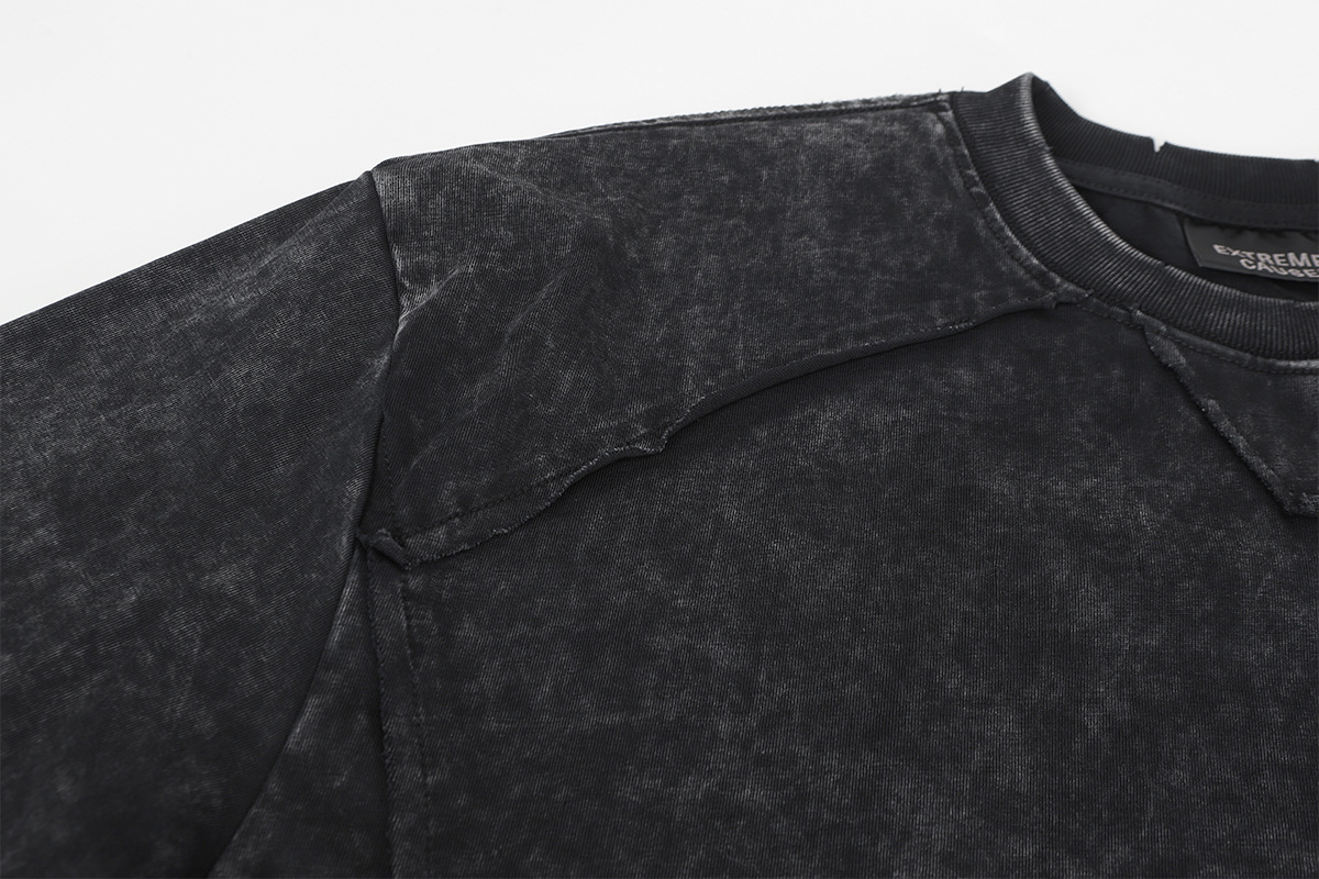 Vintage Frayed Raw-Edge Utility Cotton Crew Hoodie