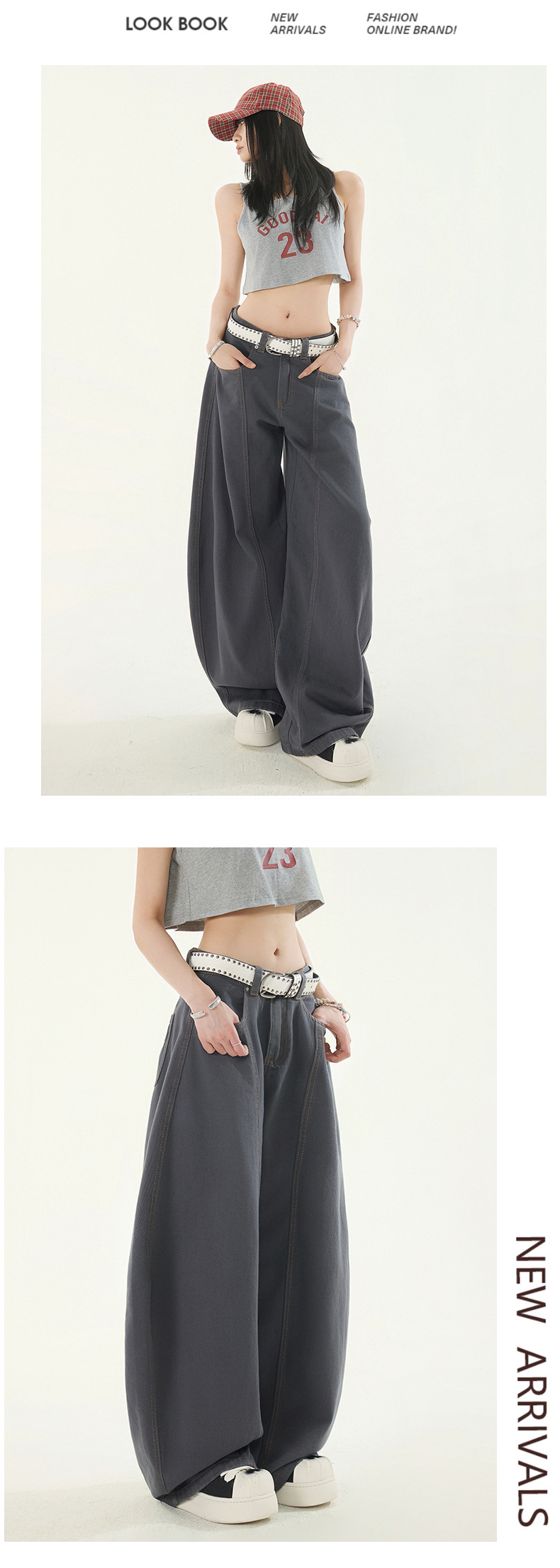 Wide-Leg Flared Denim Pants for Women Deep Gray Retro Pleated Loose Wide-Leg Casual Long Pants Summer