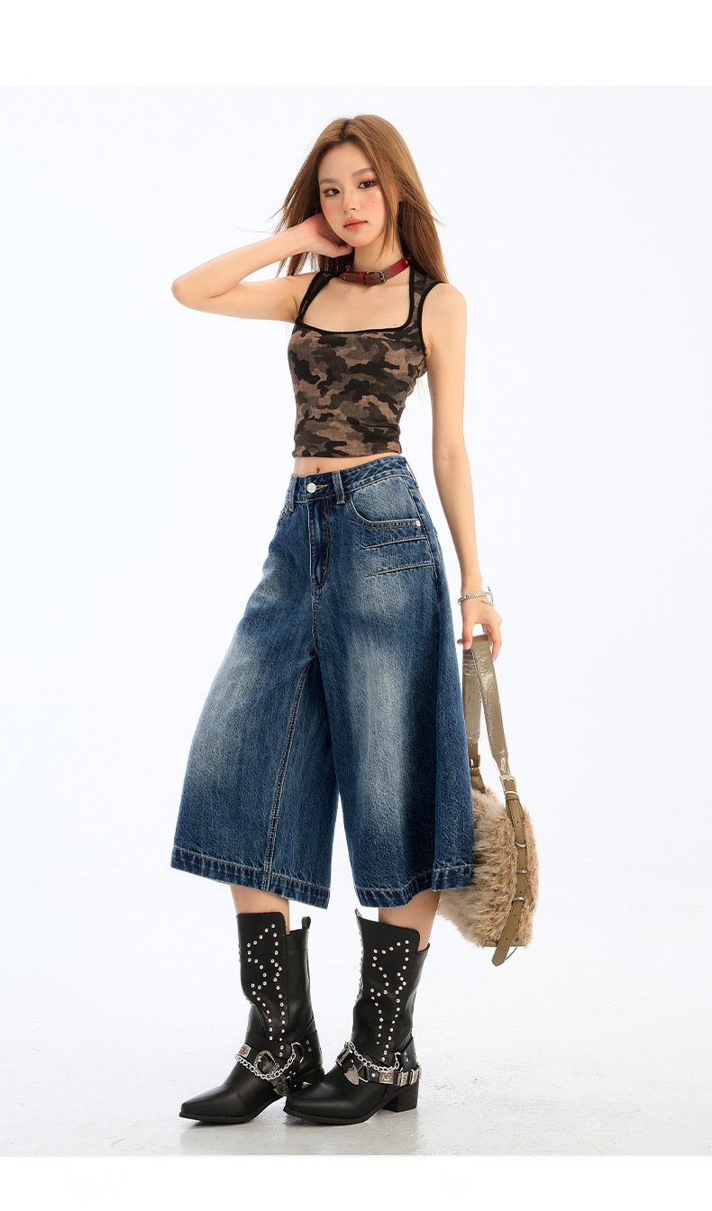 Wide-Leg Seven-Point Denim Pants for Women High-Waist Loose Fit Lazy Style Straight Leg Versatile Mid-Length Trousers