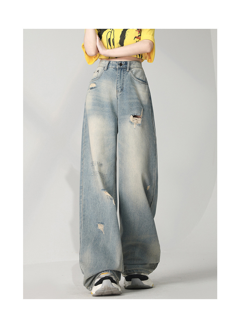 Retro Distressed Washed Ripped Jeans Women Loose High Waist Slim Wide Leg Floor-Length Pants
