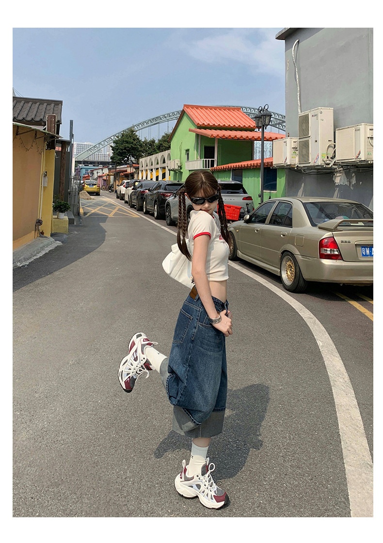 Street Style Loose Slim Wide Leg Pants Rolled Hem Color Block Commuting Washed Denim Length Pants