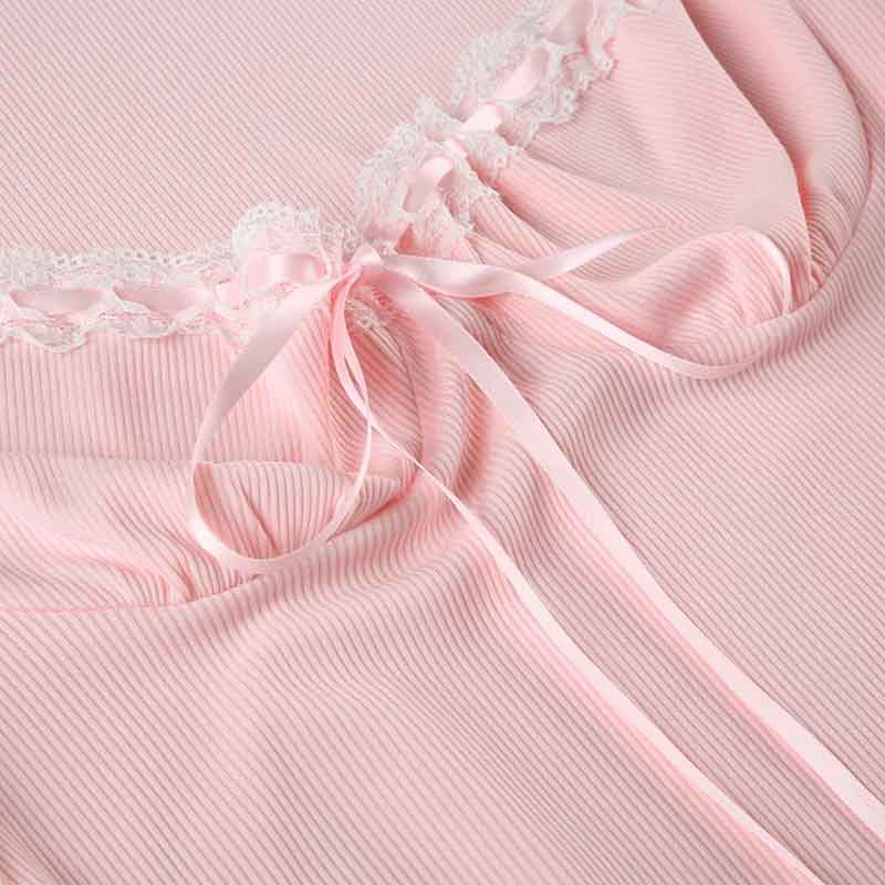 Lace Splicing Pleated Tie V-neck Dress Versatile Slimming Waist Short Skirt