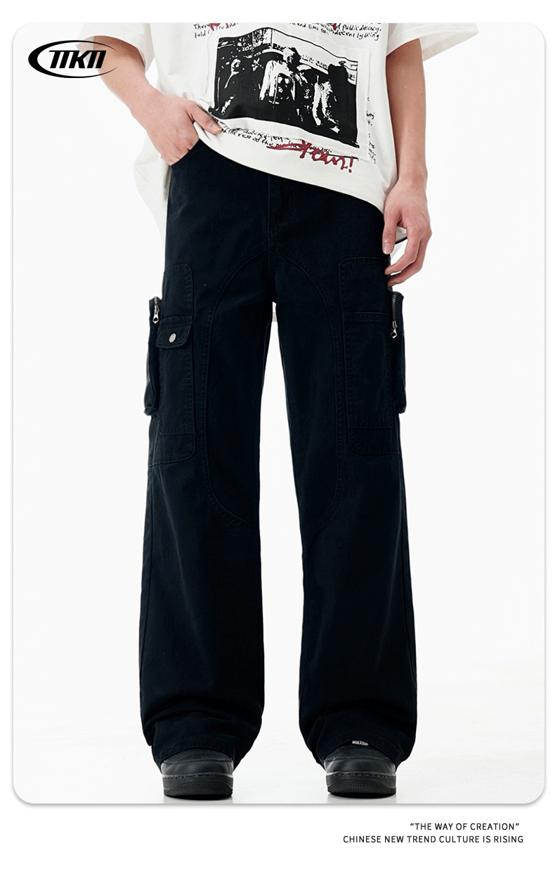 High Street Vibe Flared Loose Multi-Pocket Distressed Straight Casual Long Pants