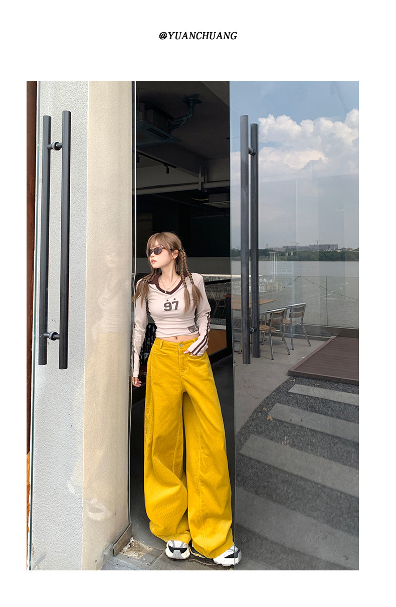 Women's Yellow Casual Pants Loose Wide Leg High Waist Corduroy Sweatpants