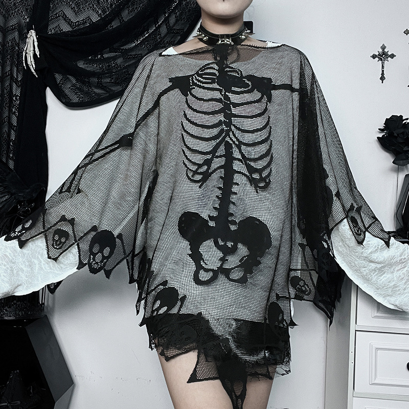 Sexy One-Shoulder Skeleton Print Cape