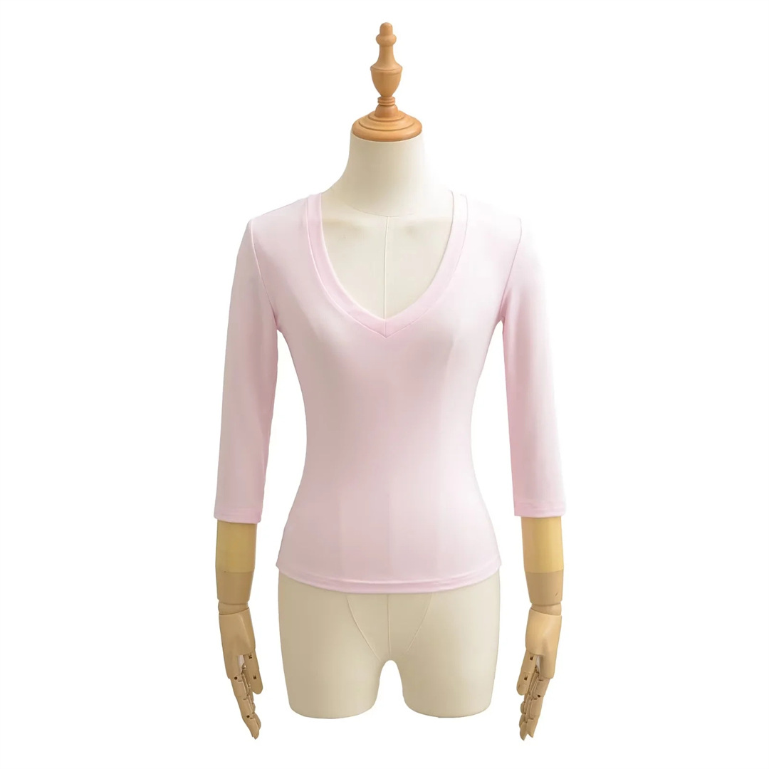 Ladies Streetwear Plain Stretch Elbow-Length Plunge Layering Tee