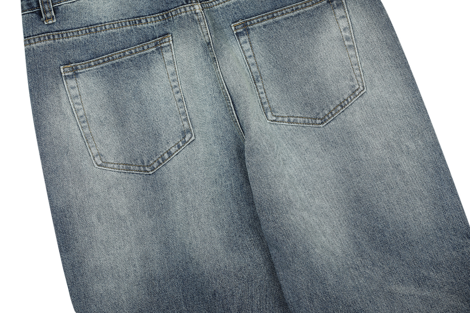 Vintage Street Style Unisex Relaxed Fit Cat-Whisker Pattern Washed Blue Flared Denim Jeans for Men