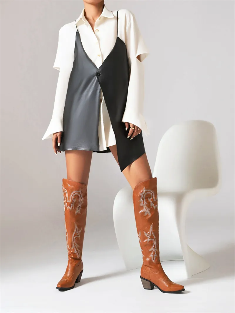 Country Thigh Block Sole Sharp Tip Boots