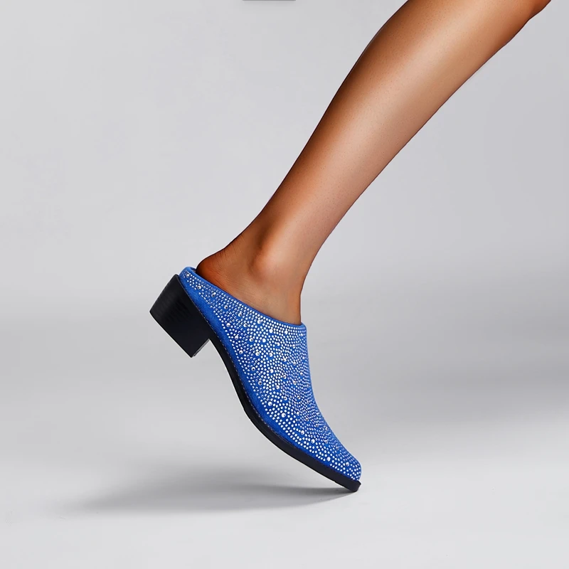 Ladies Tapered Toe Chunky Suede Crystal Mules