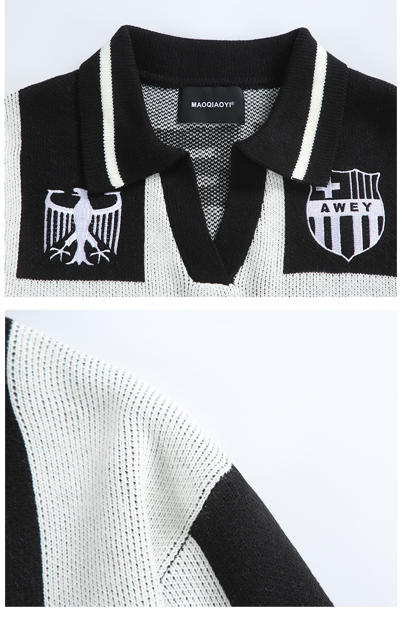Japanese Workwear Color Block Notched Collar Sweater