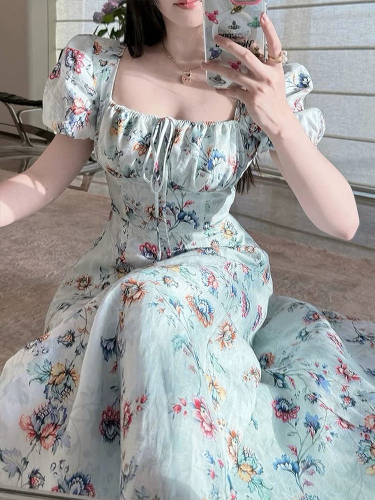 Short Puff Shoulder Botanical Maxi Dress