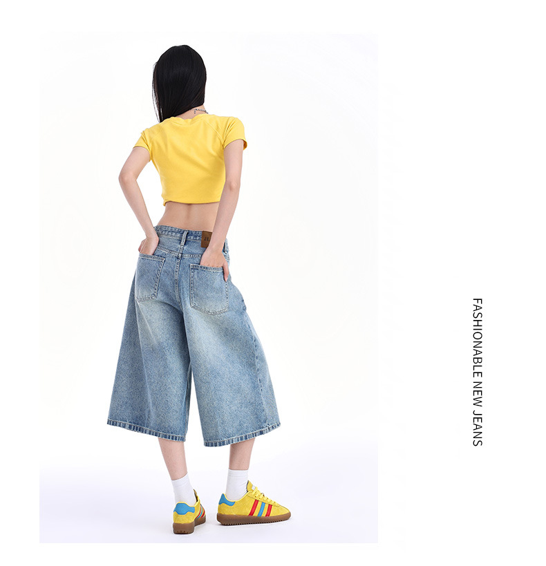 Retro Distressed Seven-Quarter Denim Pants for Women High Waist Slimming Loose Faded Straight Leg Mid-Length Trousers