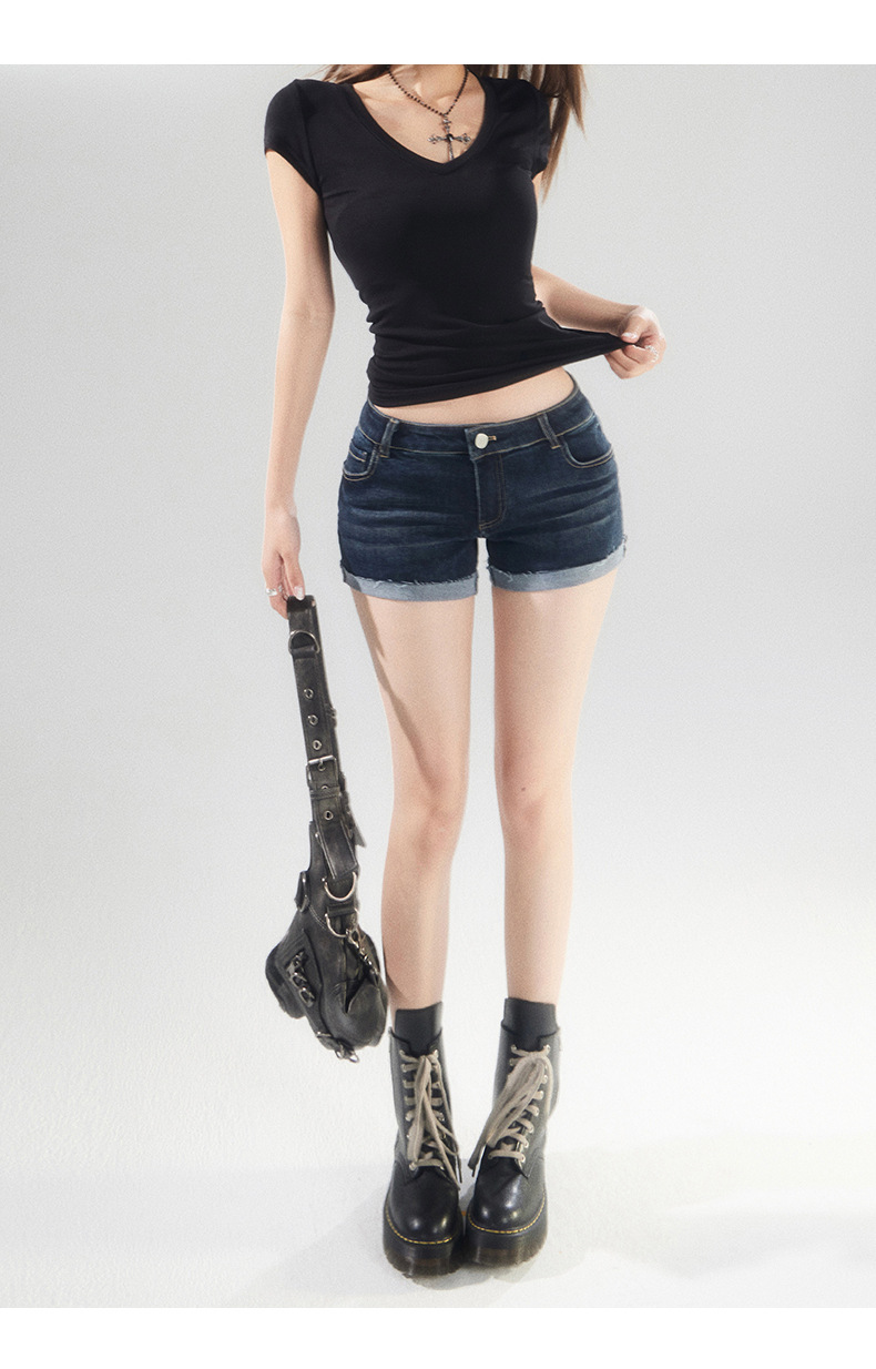 Dark Blue Cuffed Denim Shorts for Women Elastic High Waist Washed Versatile Spicy Girl Sexy Hot Pants