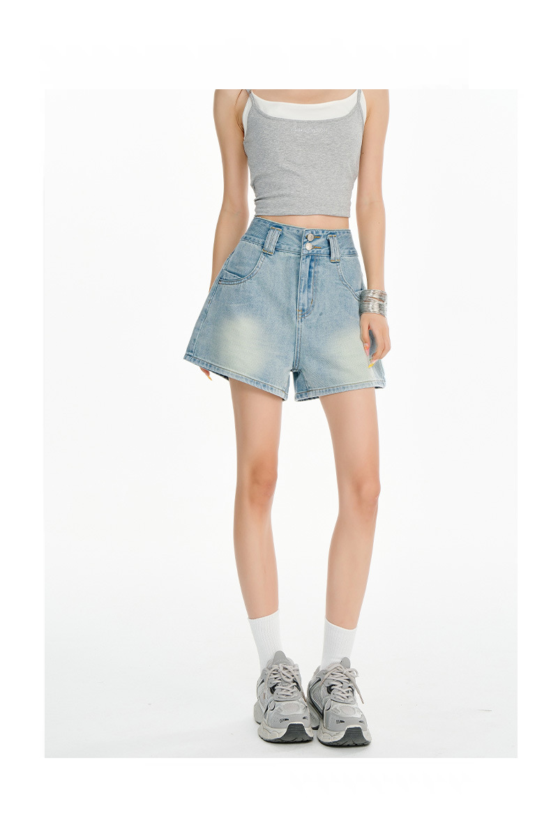 Light Blue High-Waisted A-Line Denim Shorts for Women Loose and Slim Fit Wide-Leg Hot Pants
