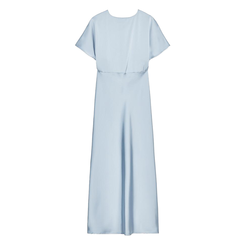 V-neck short sleeved waist cinched silk texture long dress for women