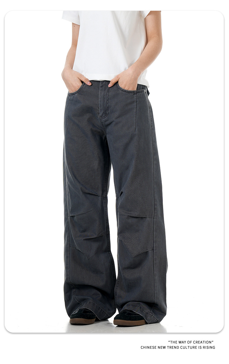 Simple Work Pants for Men and Women Faded Pleated Loose Wide-Leg Trendy Casual Trousers
