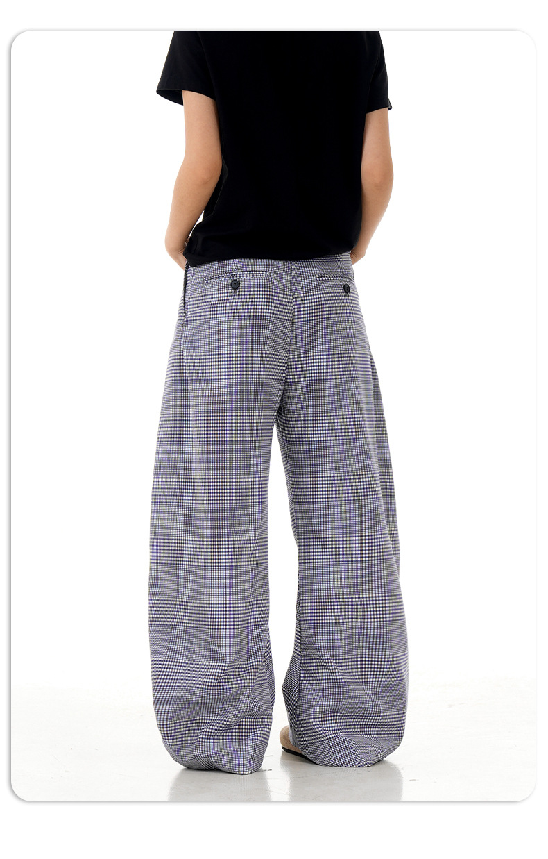 Blue Coffee Plaid Casual Pants Summer Loose Wide Leg Trousers