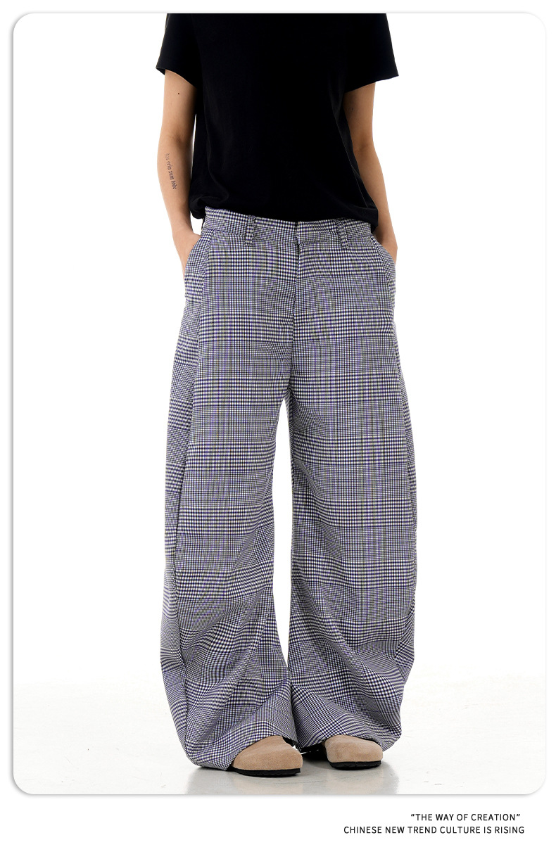 Blue Coffee Plaid Casual Pants Summer Loose Wide Leg Trousers