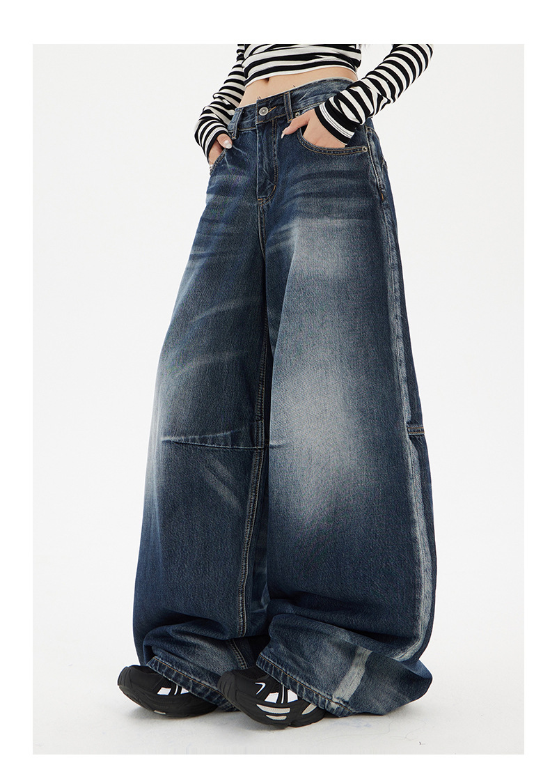 Women's Wide-Leg Jeans Washed Blue Pear-Shaped Slant Pants