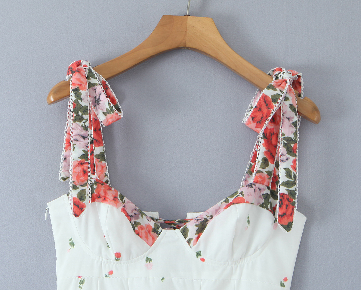Splicing floral bow tie strap suspender dress