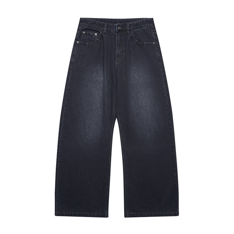 Washed Distressed Wide-Leg Straight Leg Denim Pants