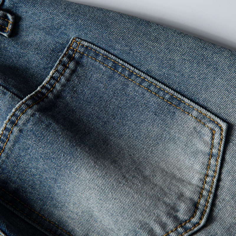 Distressed Relaxed Straight Leg Slightly Wide Washed Raw Edge Denim Pants