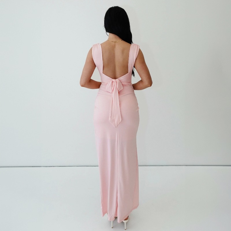 Sleeveless backless lace up slim slit dress