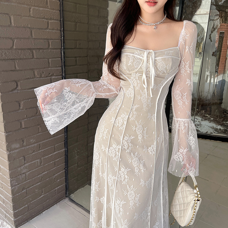 Square Neck Long Sleeve Polyester Maxi Dress