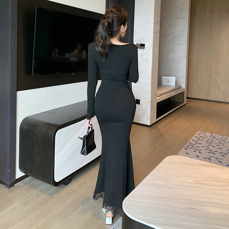 U-Neck Long Sleeve Polyester Bodycon Dress